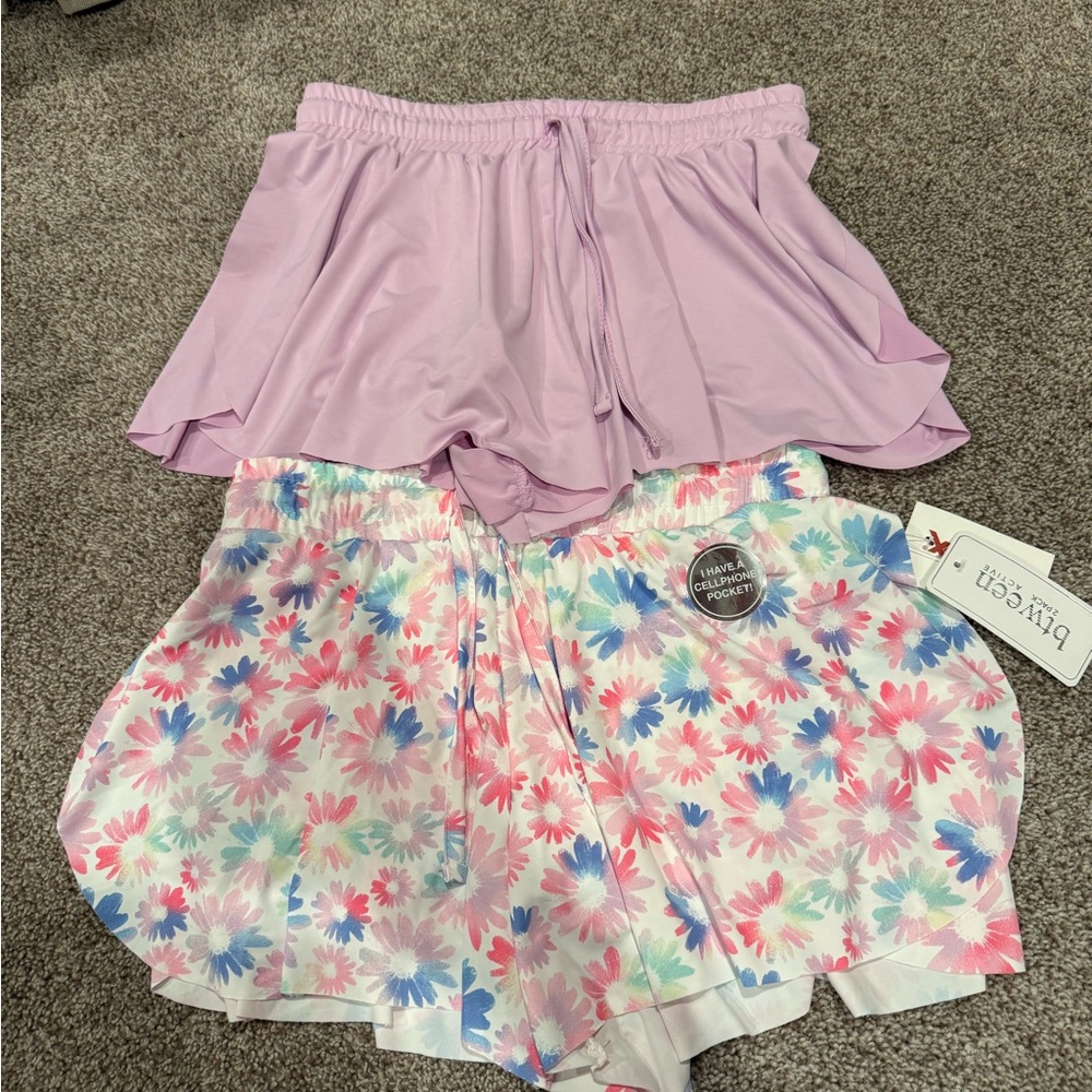 btween Lilac Solid & Pastel Floral girls Athletic Shorts - Twin Pack